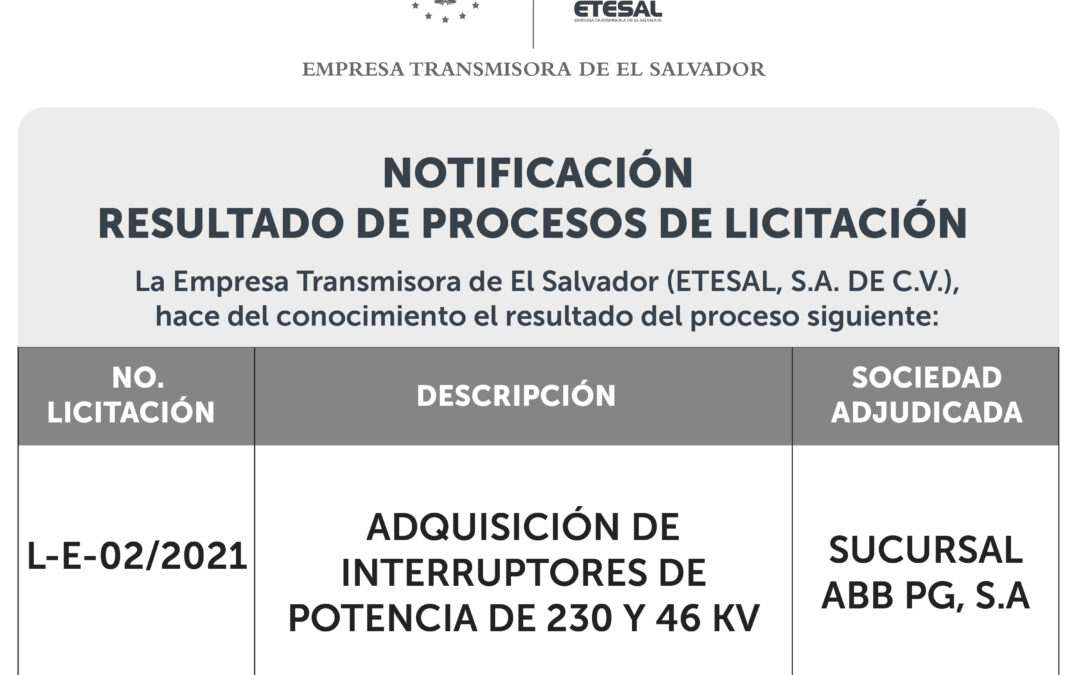La Empresa Transmisora de El Salvador (ETESAL), notifica el resultado del siguiente proceso de Licitación Pública: