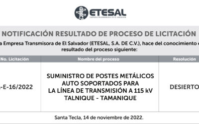 La Empresa Transmisora de El Salvador (ETESAL) notifica el resultado del siguiente proceso de Licitación Pública: