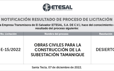 La Empresa Transmisora de El Salvador (ETESAL) notifica el resultado del siguiente proceso de Licitación Pública: